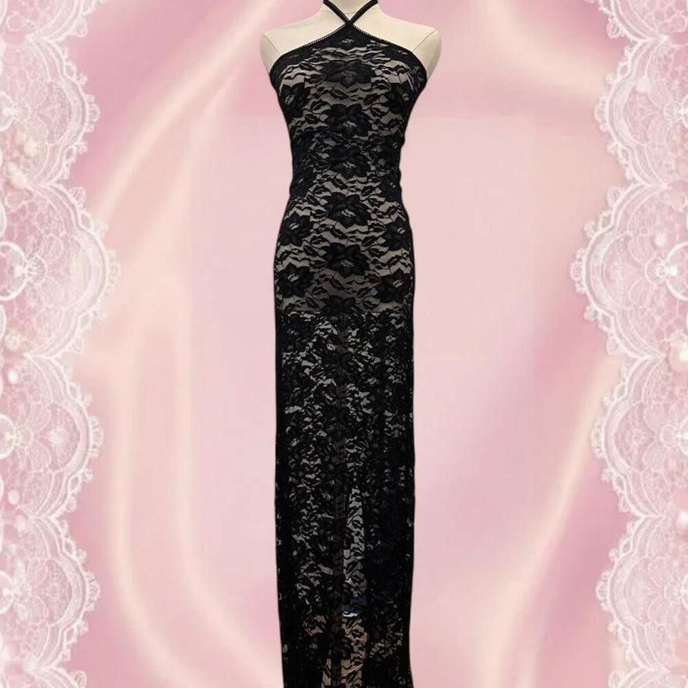 Women's Black Formal Sheer Lace Vintage Trim Gown
